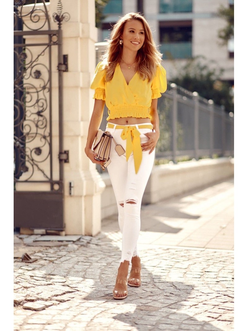 Short blouse with a belt, yellow 20580 - Online store - Boutique